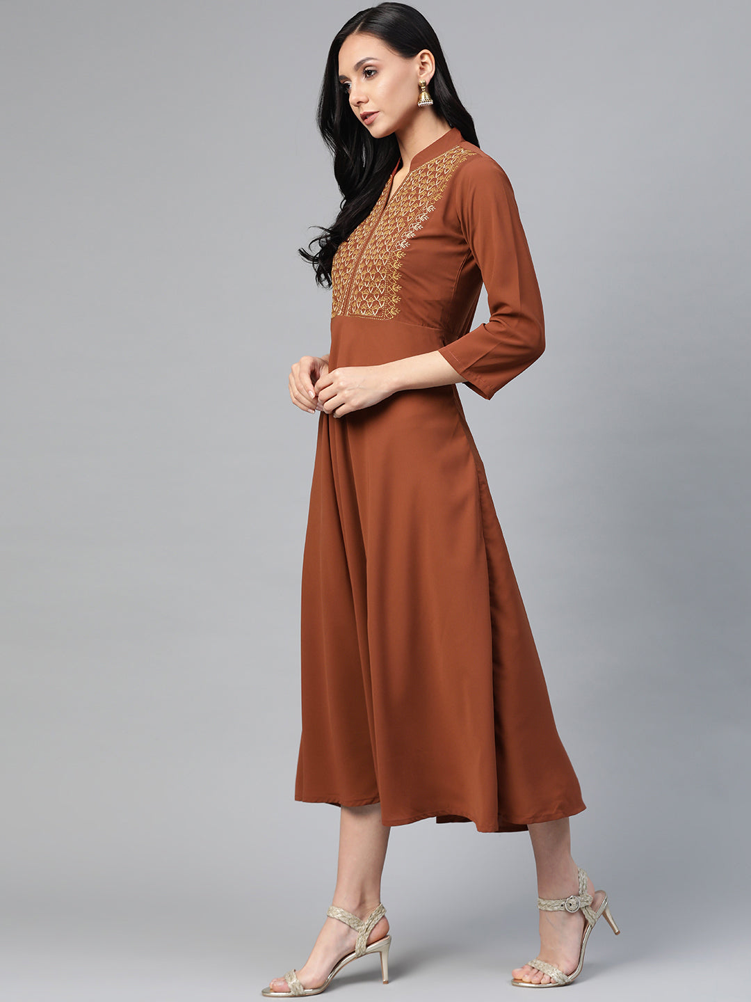 Jompers Women Brown Embroidered Yoke Design A-Line Kurta