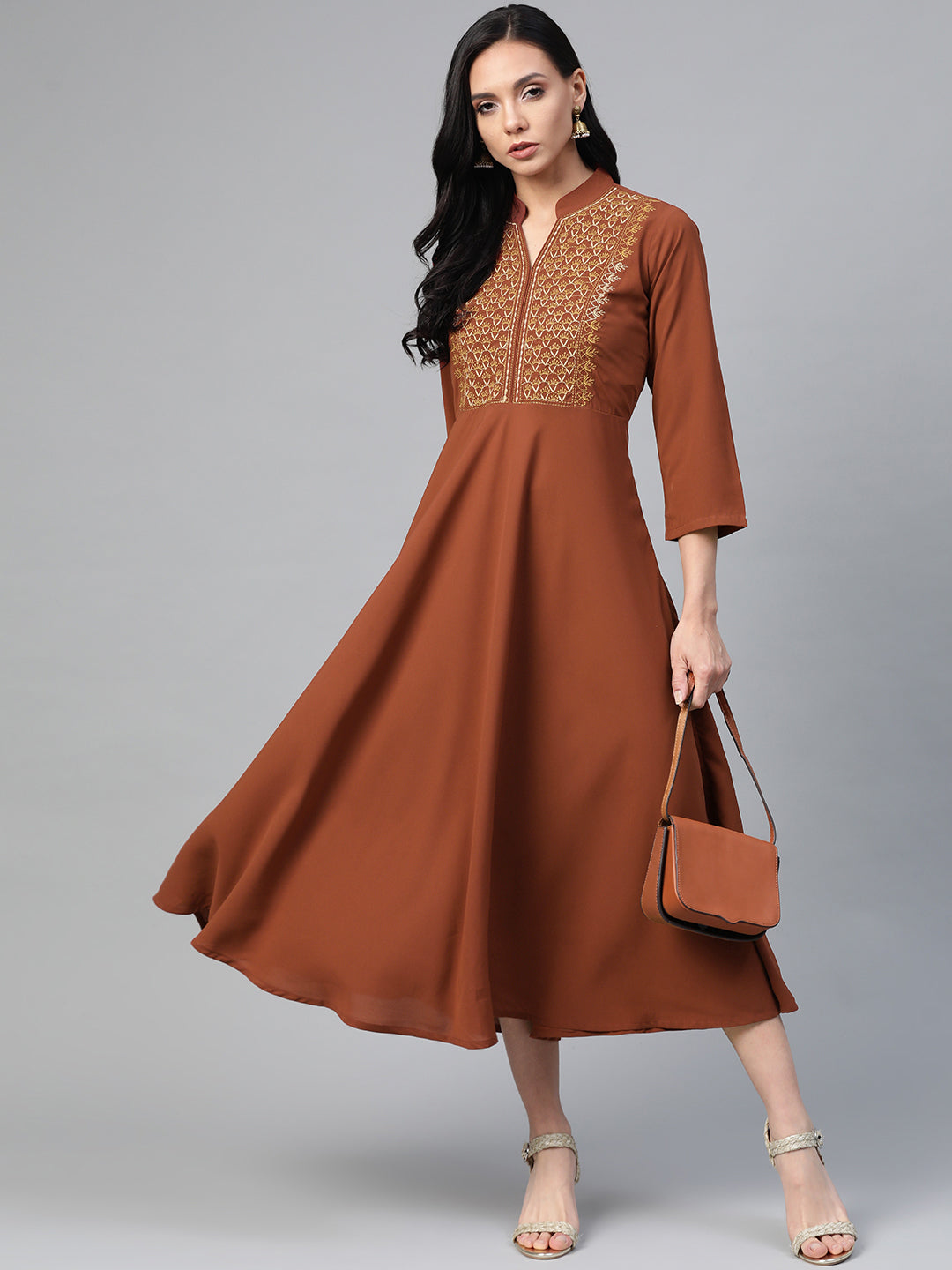 Jompers Women Brown Embroidered Yoke Design A-Line Kurta