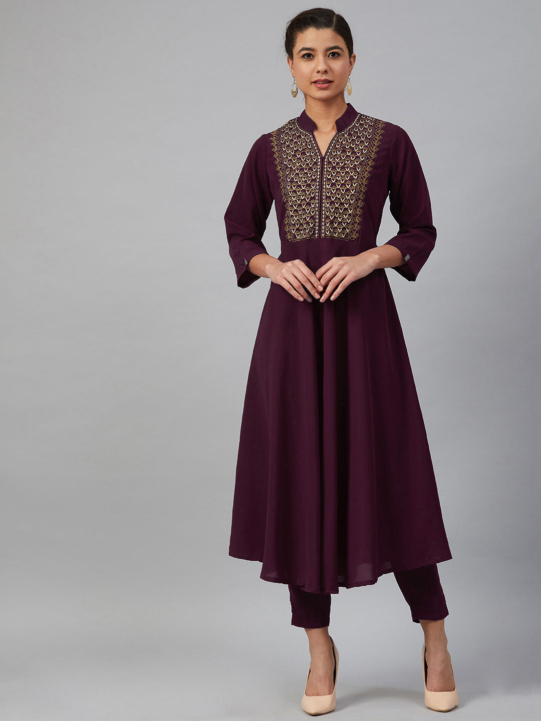 Jompers Women Purple Embroidered Yoke Design A-Line Kurta