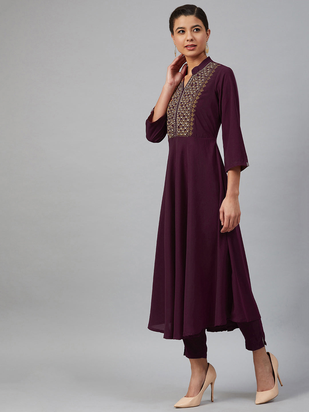 Jompers Women Purple Embroidered Yoke Design A-Line Kurta