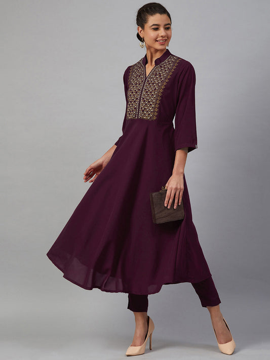 Jompers Women Purple Embroidered Yoke Design A-Line Kurta