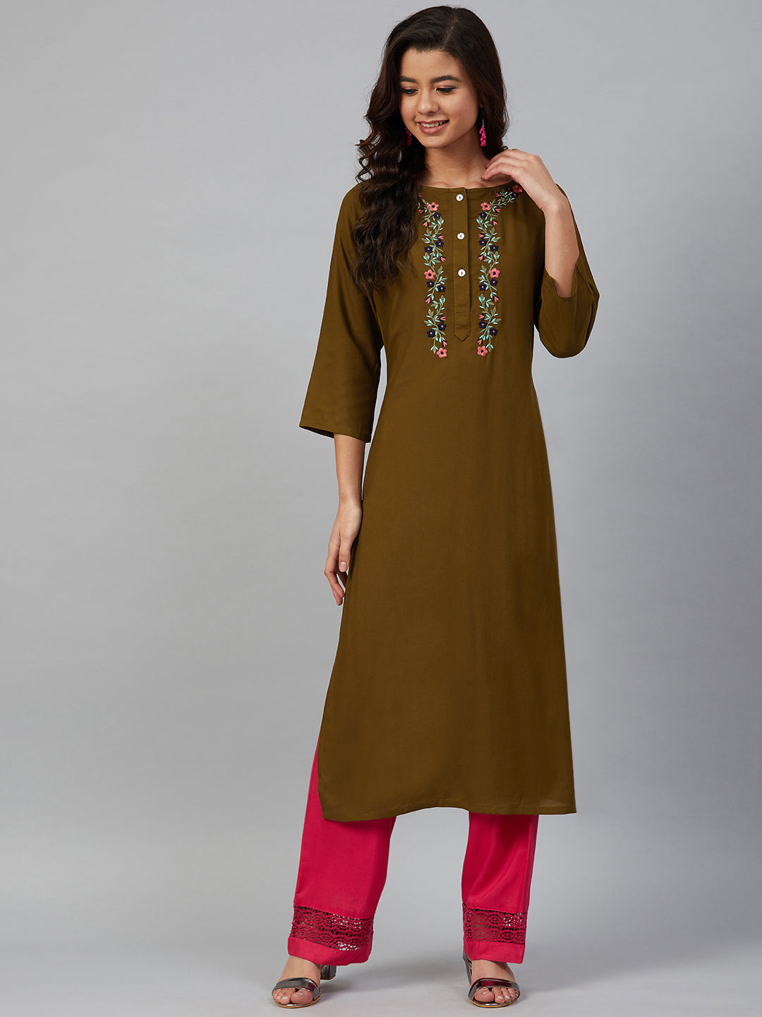 Jompers Women Olive Brown & Pink Yoke Embroidered Straight Kurta