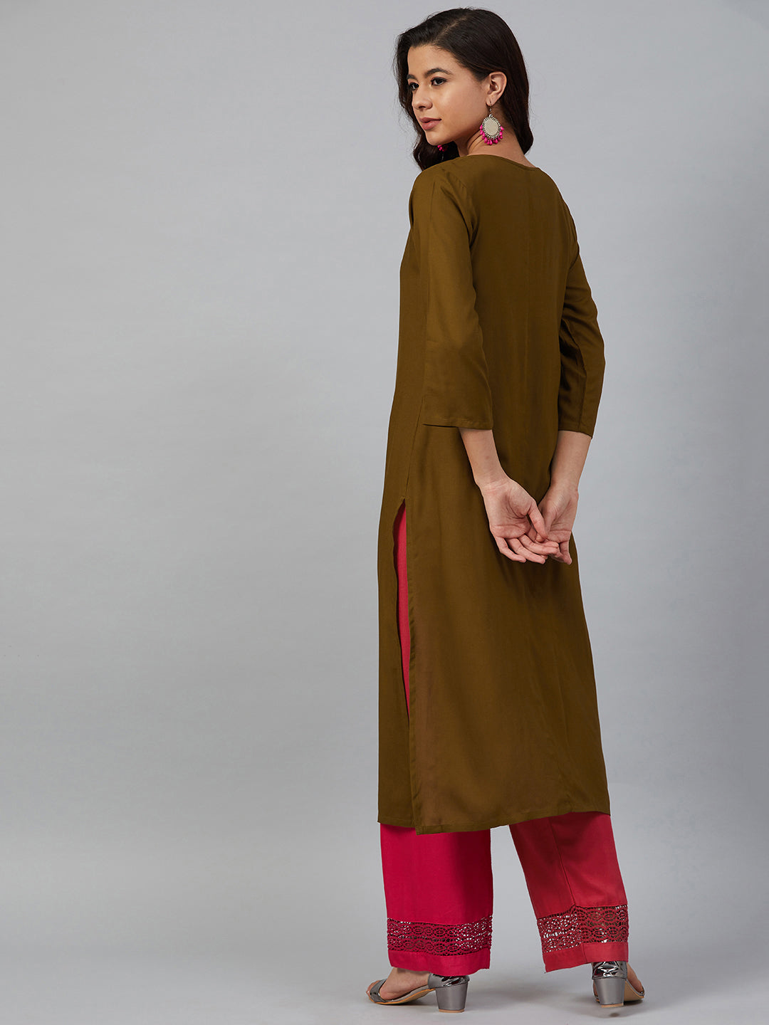 Jompers Women Olive Brown & Pink Yoke Embroidered Straight Kurta