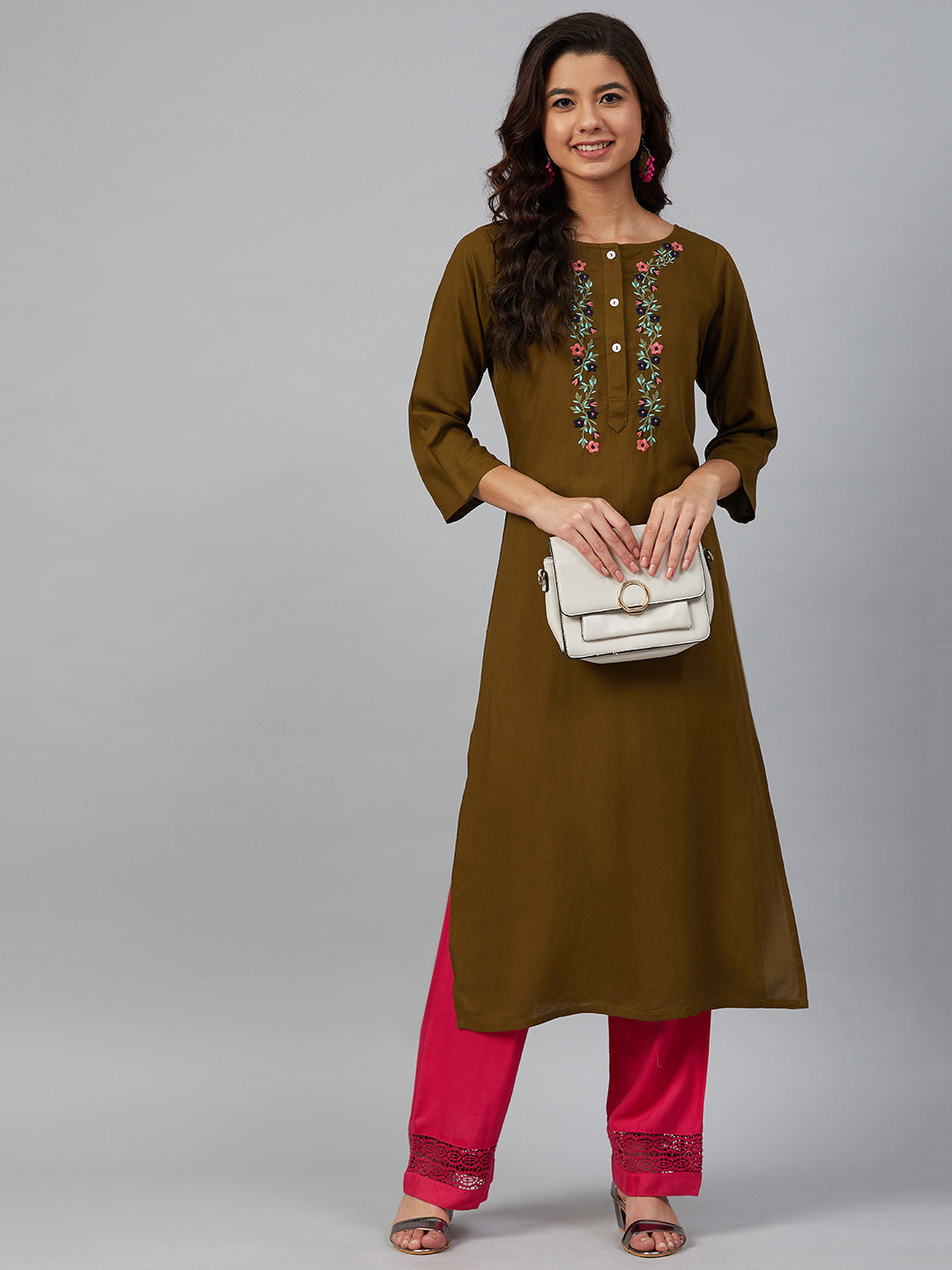 Jompers Women Olive Brown & Pink Yoke Embroidered Straight Kurta