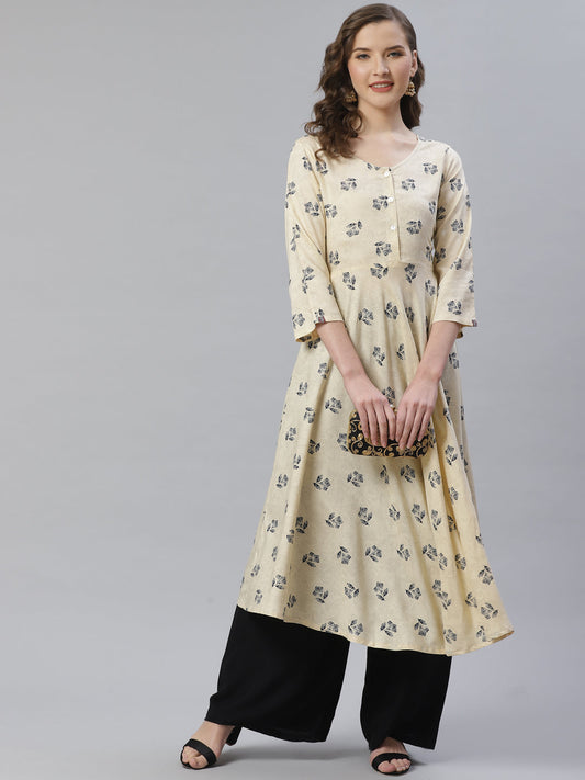 Jompers Women Off-White & Black Floral Printed A-Line Kurta ( ream )