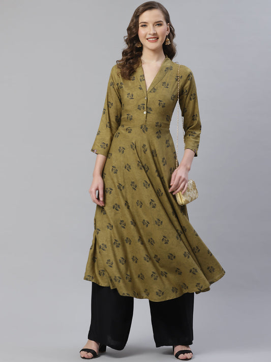 Jompers Women Olive & Black Floral Printed A-Line Kurta