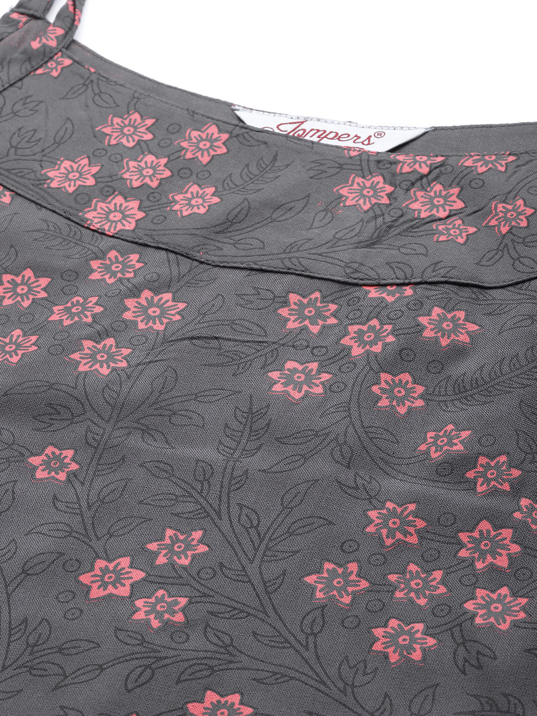 Jompers Women Charcoal Grey & Pink Printed Straight Kurta