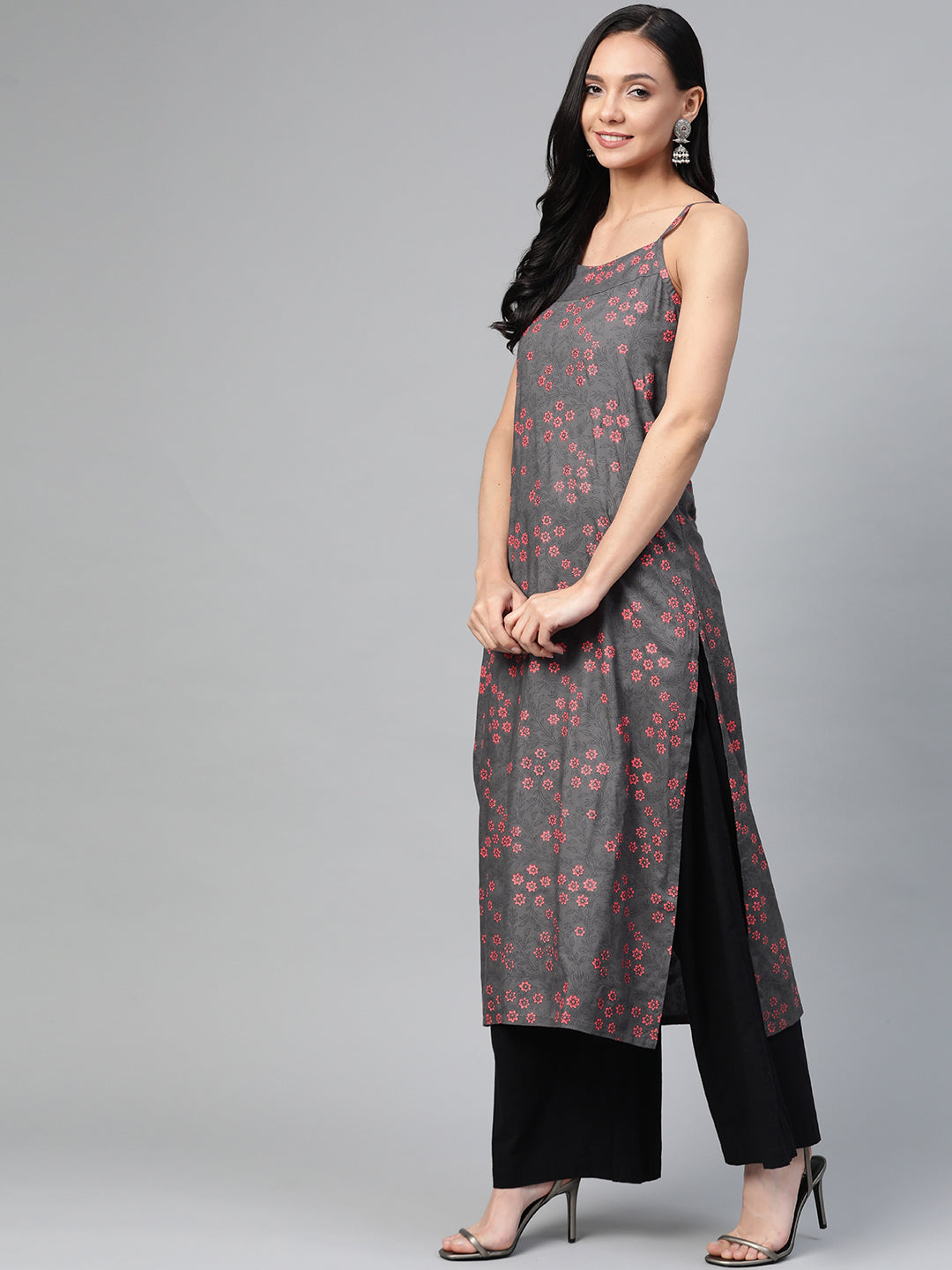 Jompers Women Charcoal Grey & Pink Printed Straight Kurta