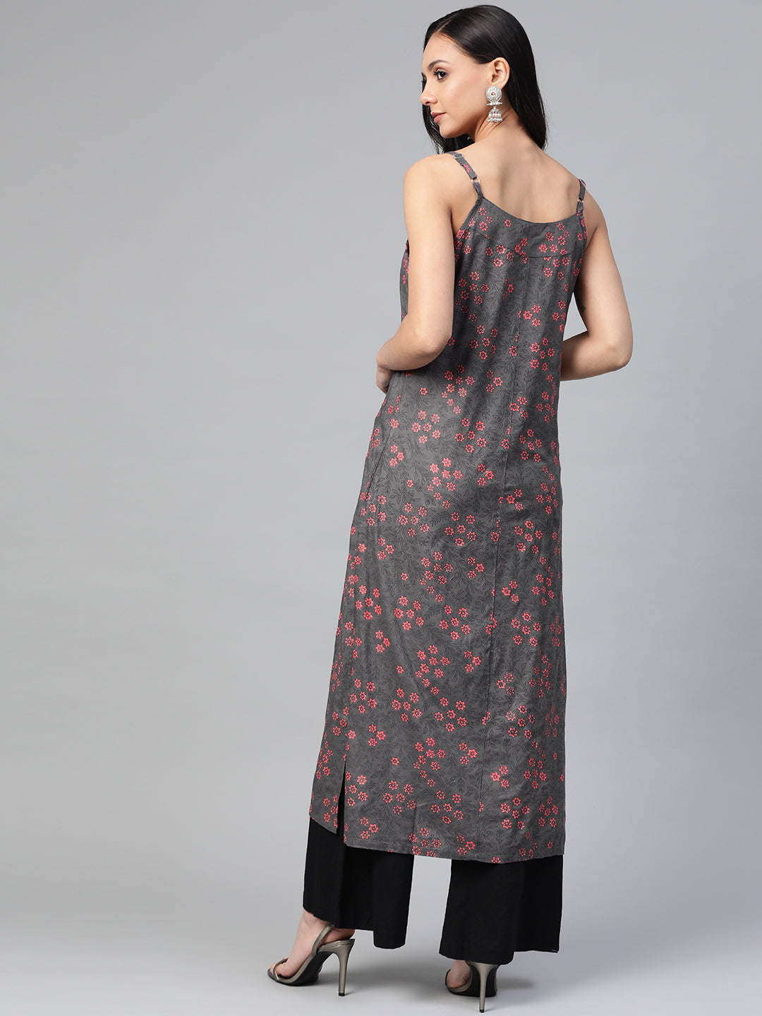 Jompers Women Charcoal Grey & Pink Printed Straight Kurta