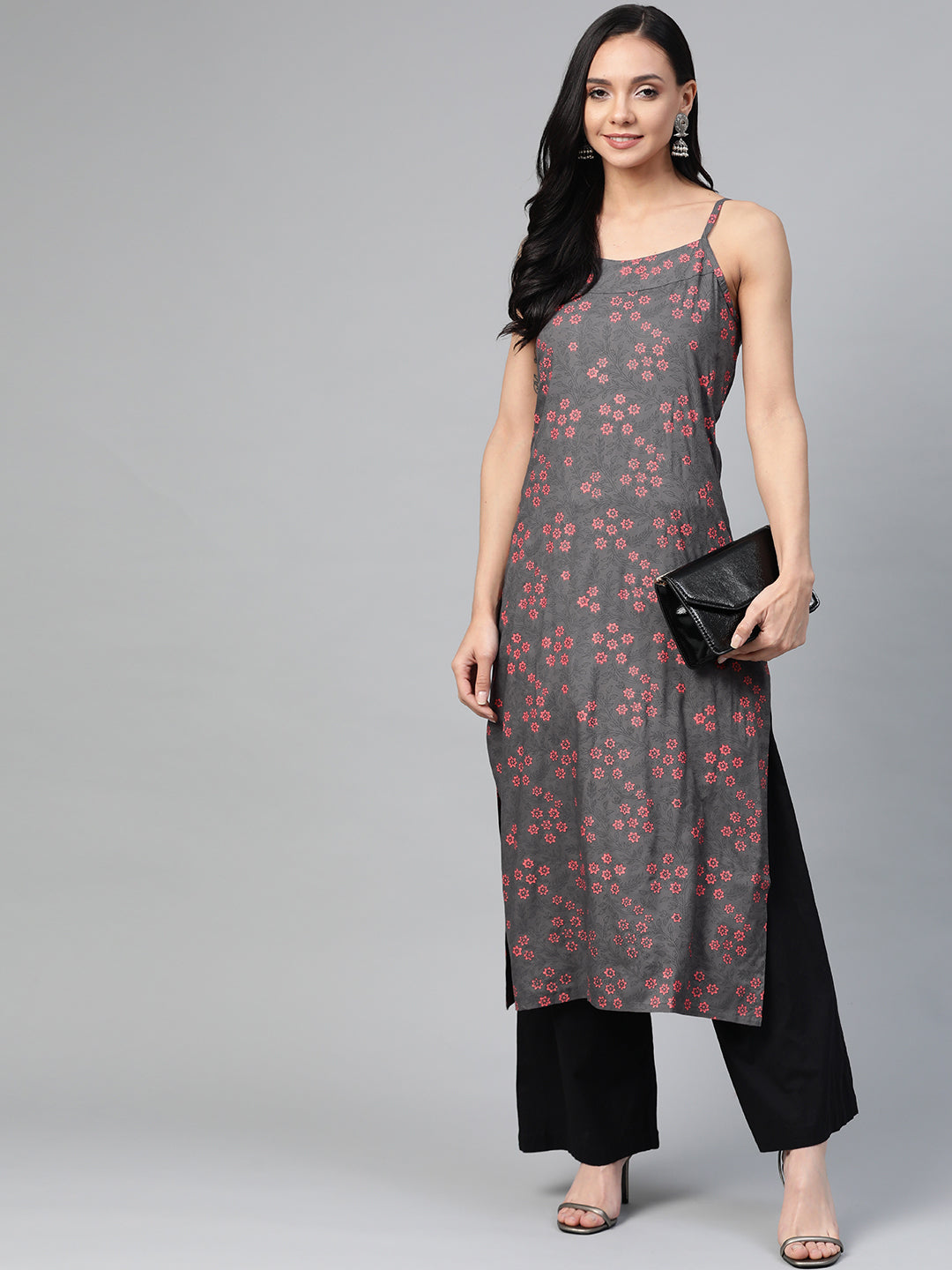 Jompers Women Charcoal Grey & Pink Printed Straight Kurta