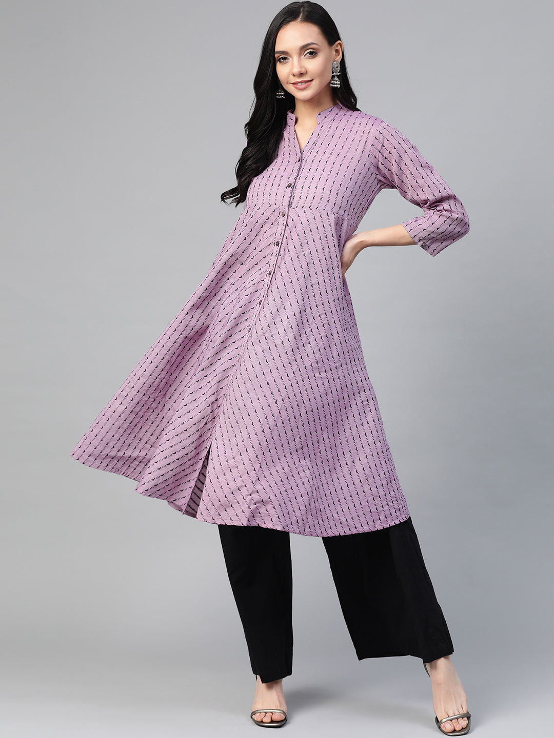 Jompers Women Purple & Black Woven Design Jacquard A-Line Kurta