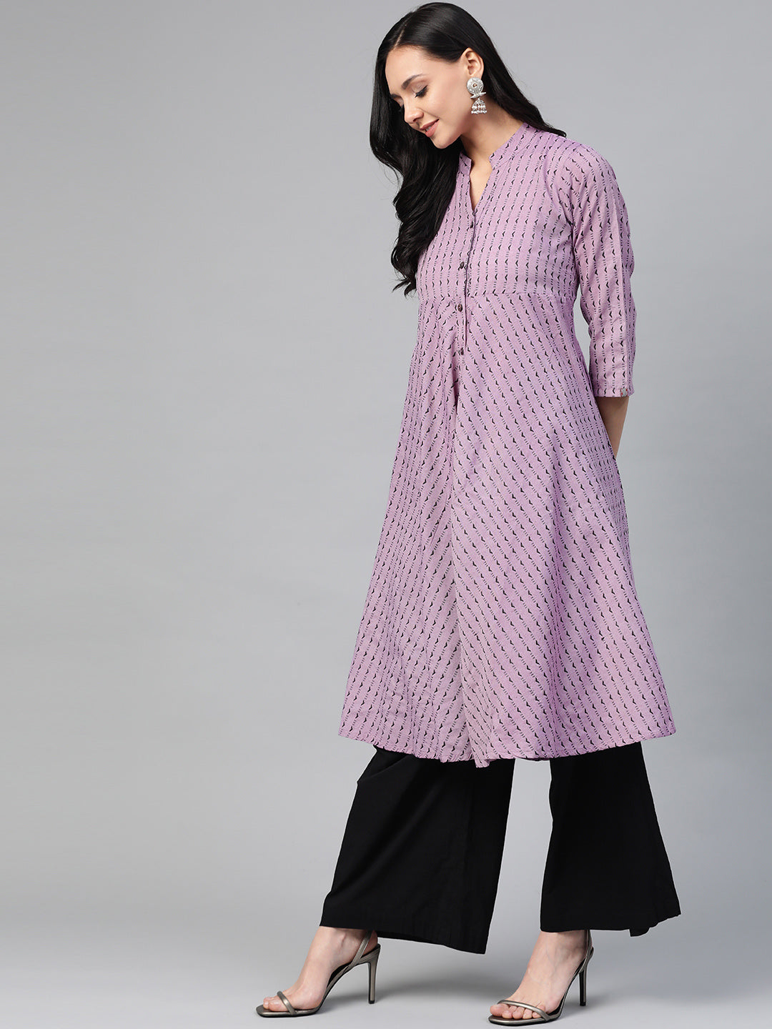 Jompers Women Purple & Black Woven Design Jacquard A-Line Kurta