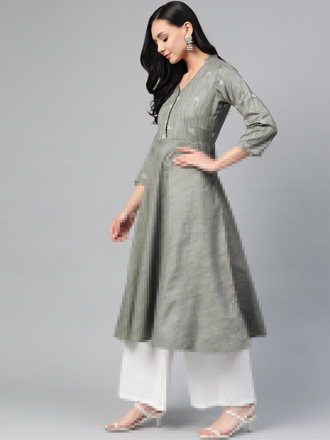 Jompers Women Grey Woven Design Flaired Kurta