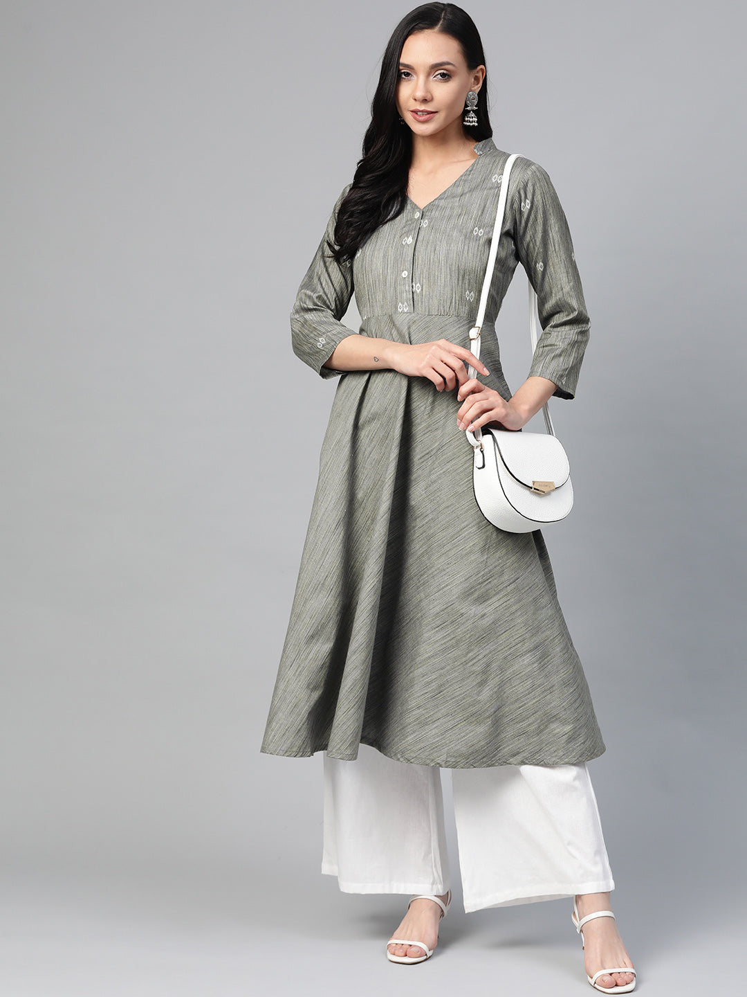Jompers Women Grey Woven Design Flaired Kurta