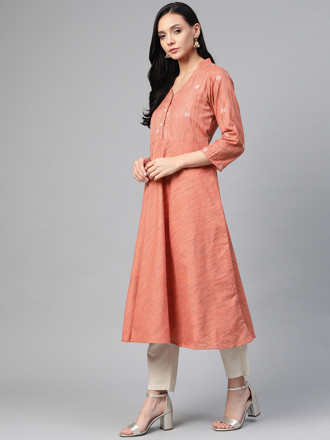 Jompers Women Orange Woven Design Flaired Kurta