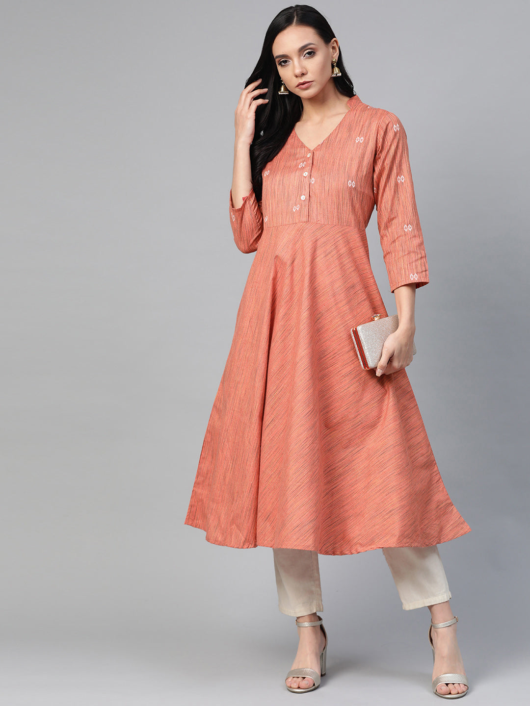 Jompers Women Orange Woven Design Flaired Kurta