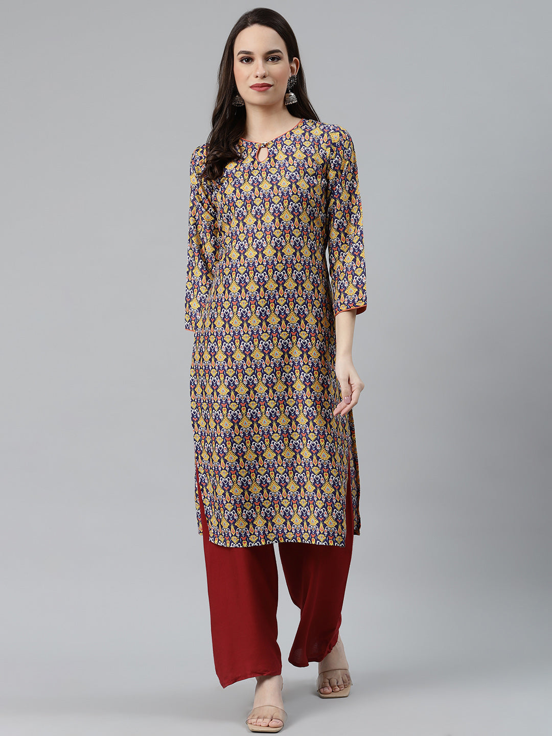 Jompers Women Blue & Yellow Geometric Printed Keyhole Neck Kurta