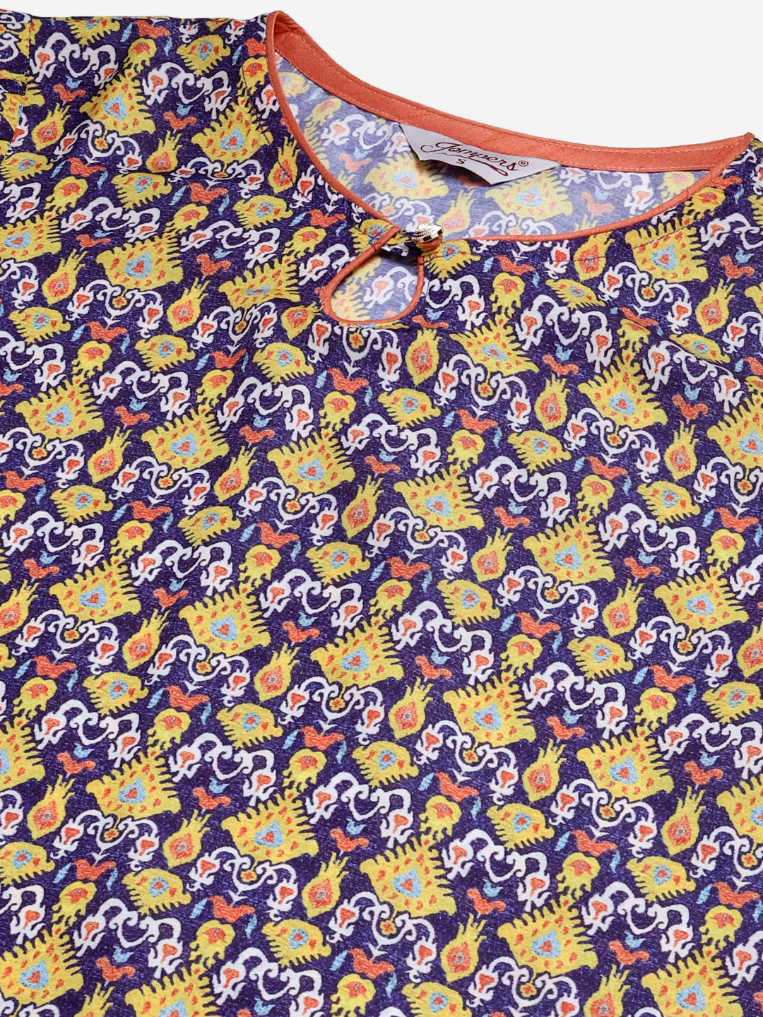 Jompers Women Blue & Yellow Geometric Printed Keyhole Neck Kurta