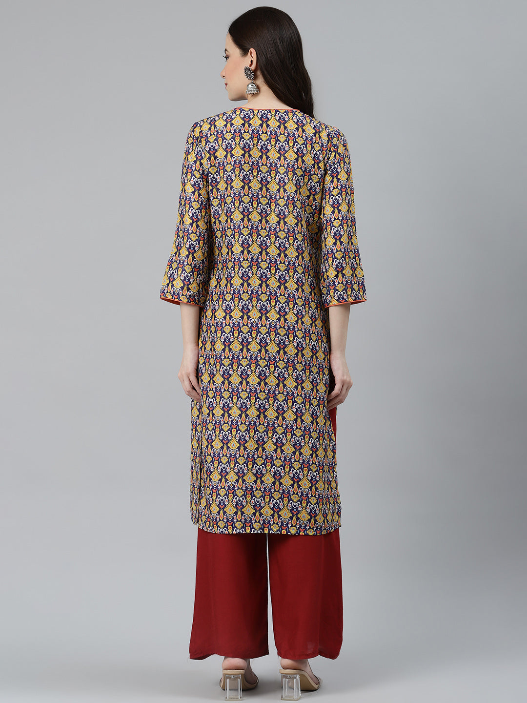Jompers Women Blue & Yellow Geometric Printed Keyhole Neck Kurta