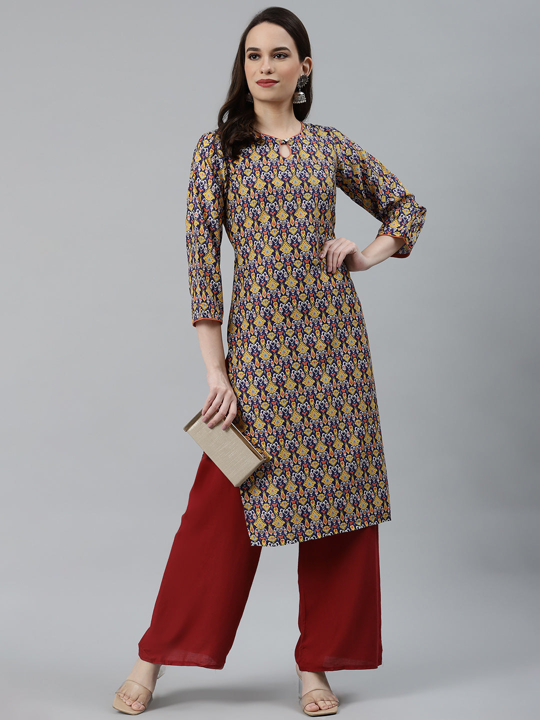 Jompers Women Blue & Yellow Geometric Printed Keyhole Neck Kurta
