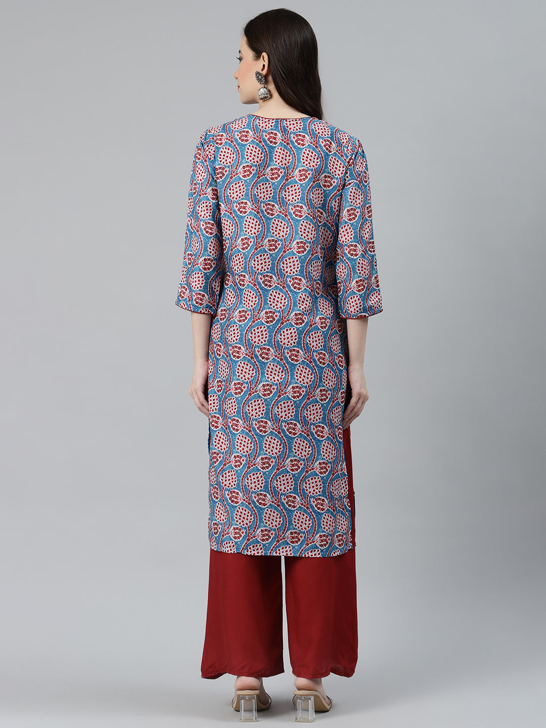 Jompers Women Blue & Red Ethnic Motifs Printed Keyhole Neck Kurta