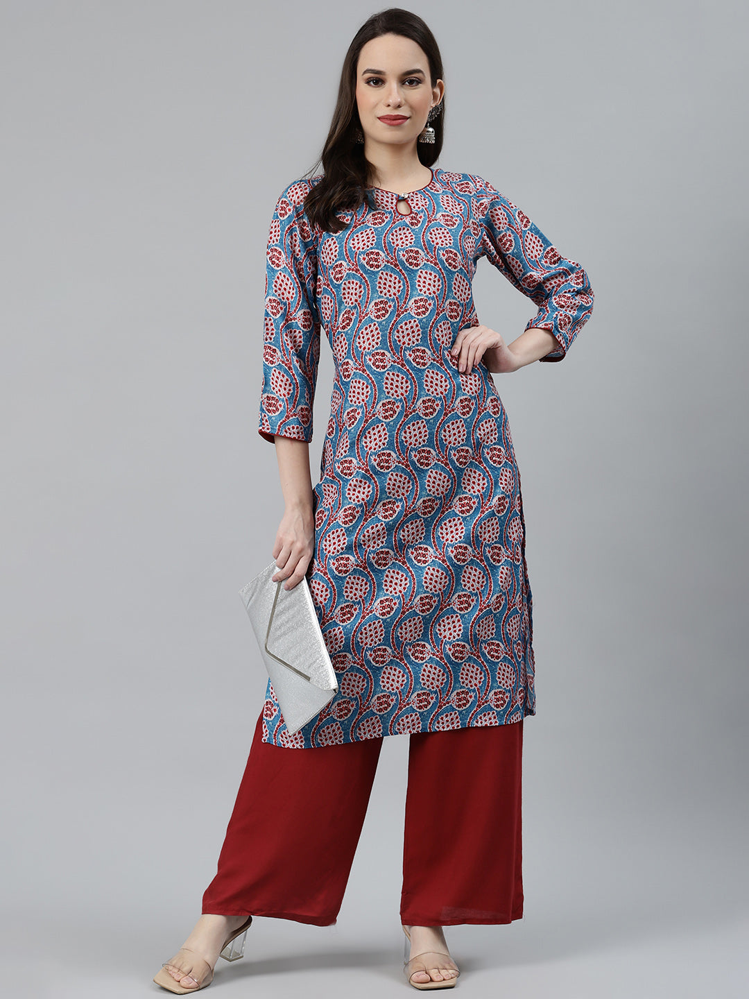 Jompers Women Blue & Red Ethnic Motifs Printed Keyhole Neck Kurta