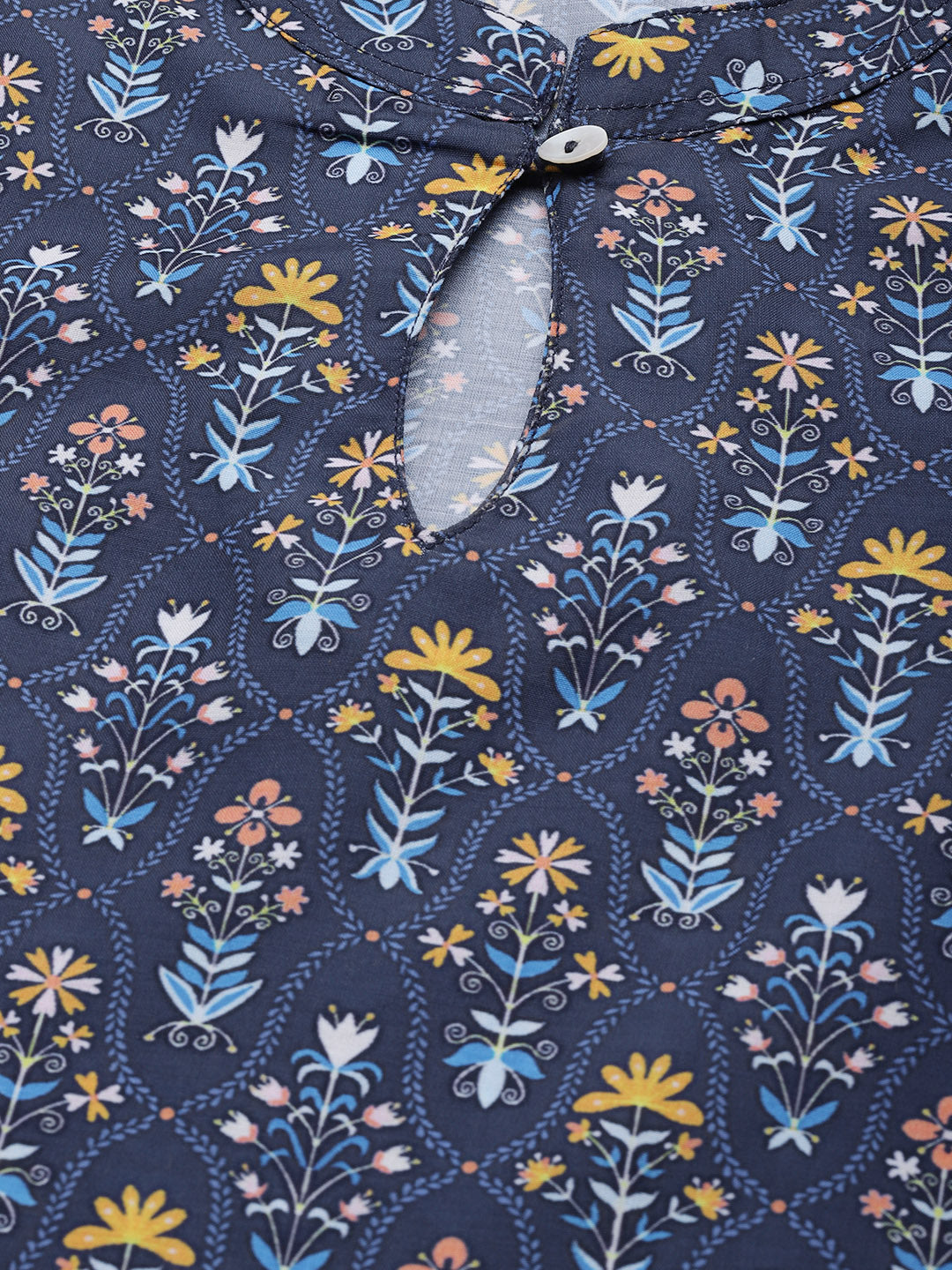 Jompers Women Blue & Yellow Floral Printed Keyhole Neck Floral Kurta