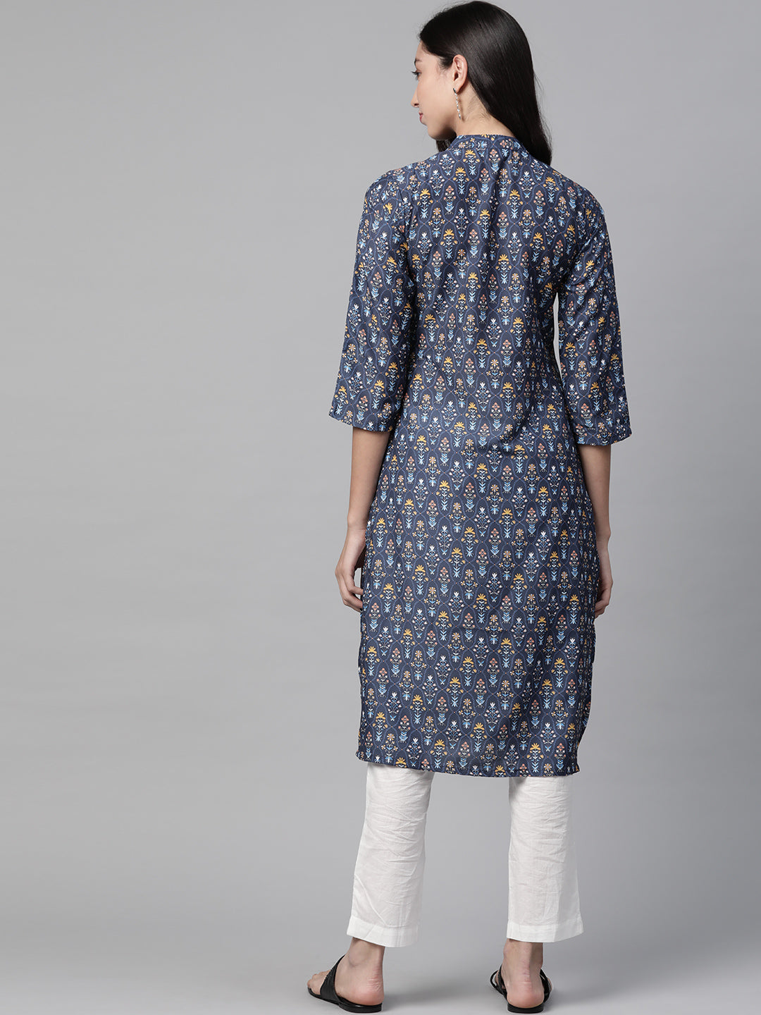 Jompers Women Blue & Yellow Floral Printed Keyhole Neck Floral Kurta