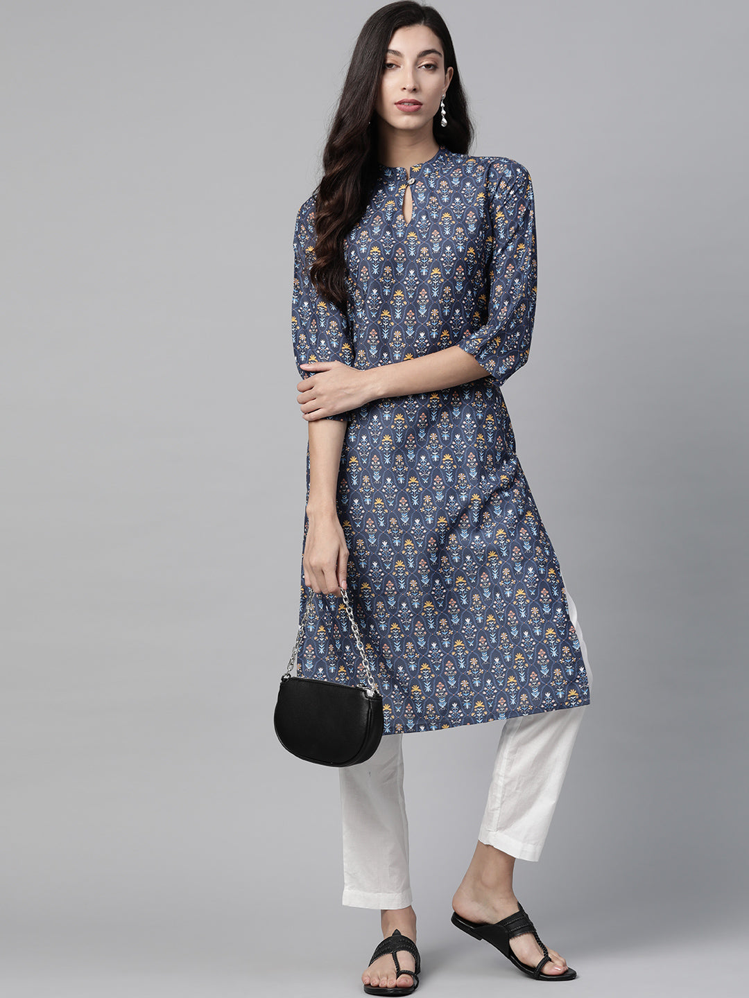 Jompers Women Blue & Yellow Floral Printed Keyhole Neck Floral Kurta