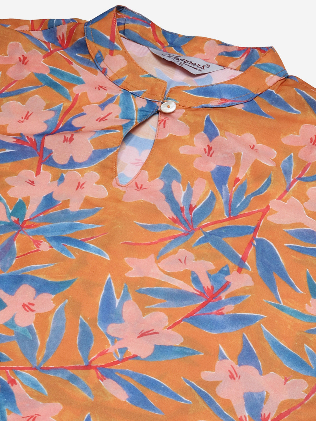 Jompers Women Orange & Blue Floral Printed Keyhole Neck Floral Kurta