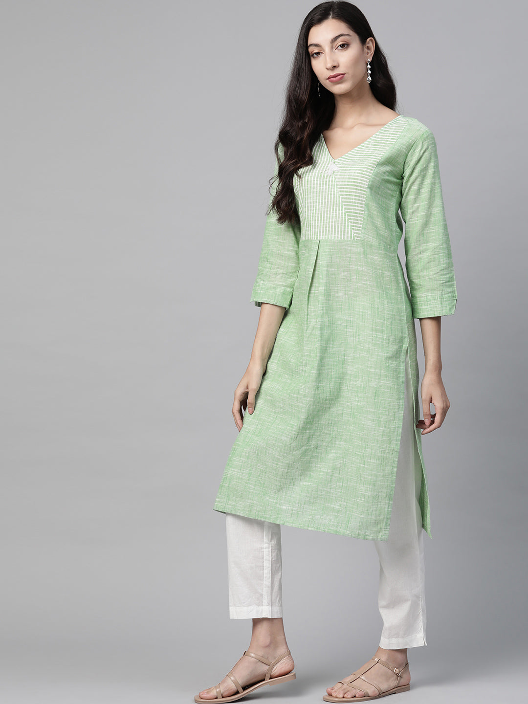 Jompers Women Green Pure Cotton Striped Pleated Kurta