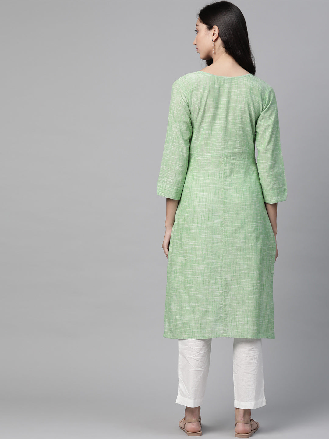 Jompers Women Green Pure Cotton Striped Pleated Kurta