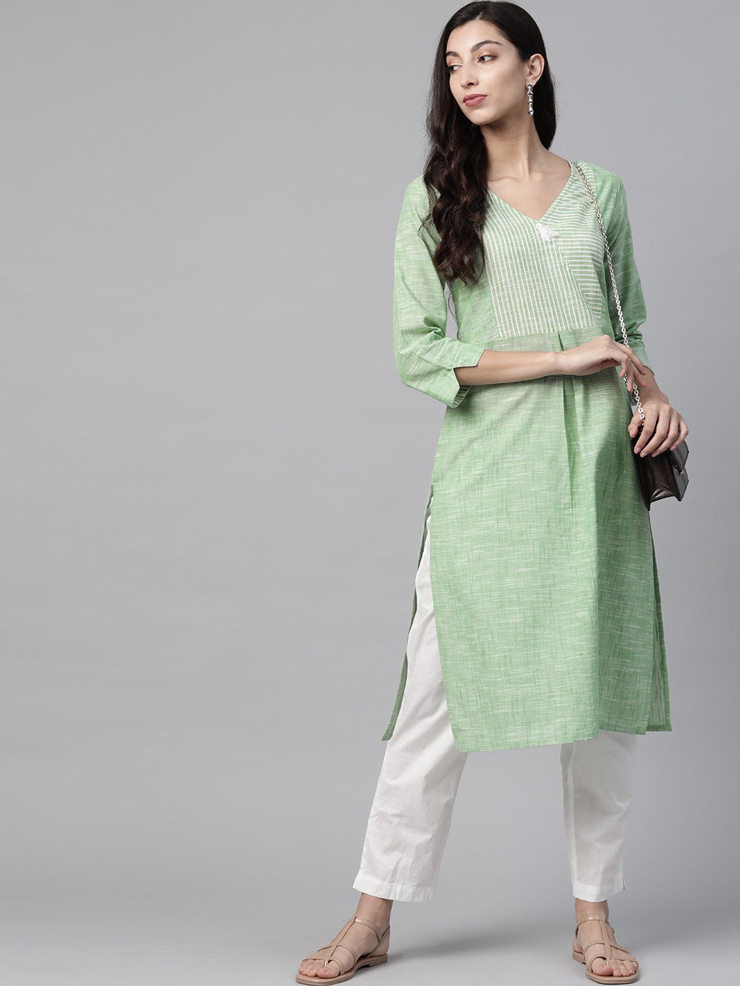 Jompers Women Green Pure Cotton Striped Pleated Kurta