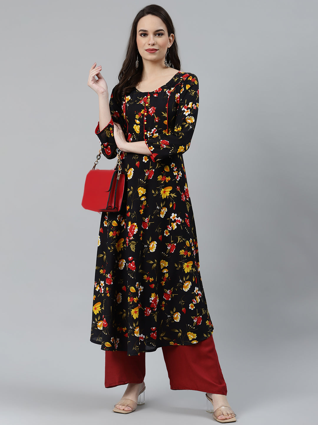 Jompers Women Black & Red Floral Printed Floral Anarkali Kurta