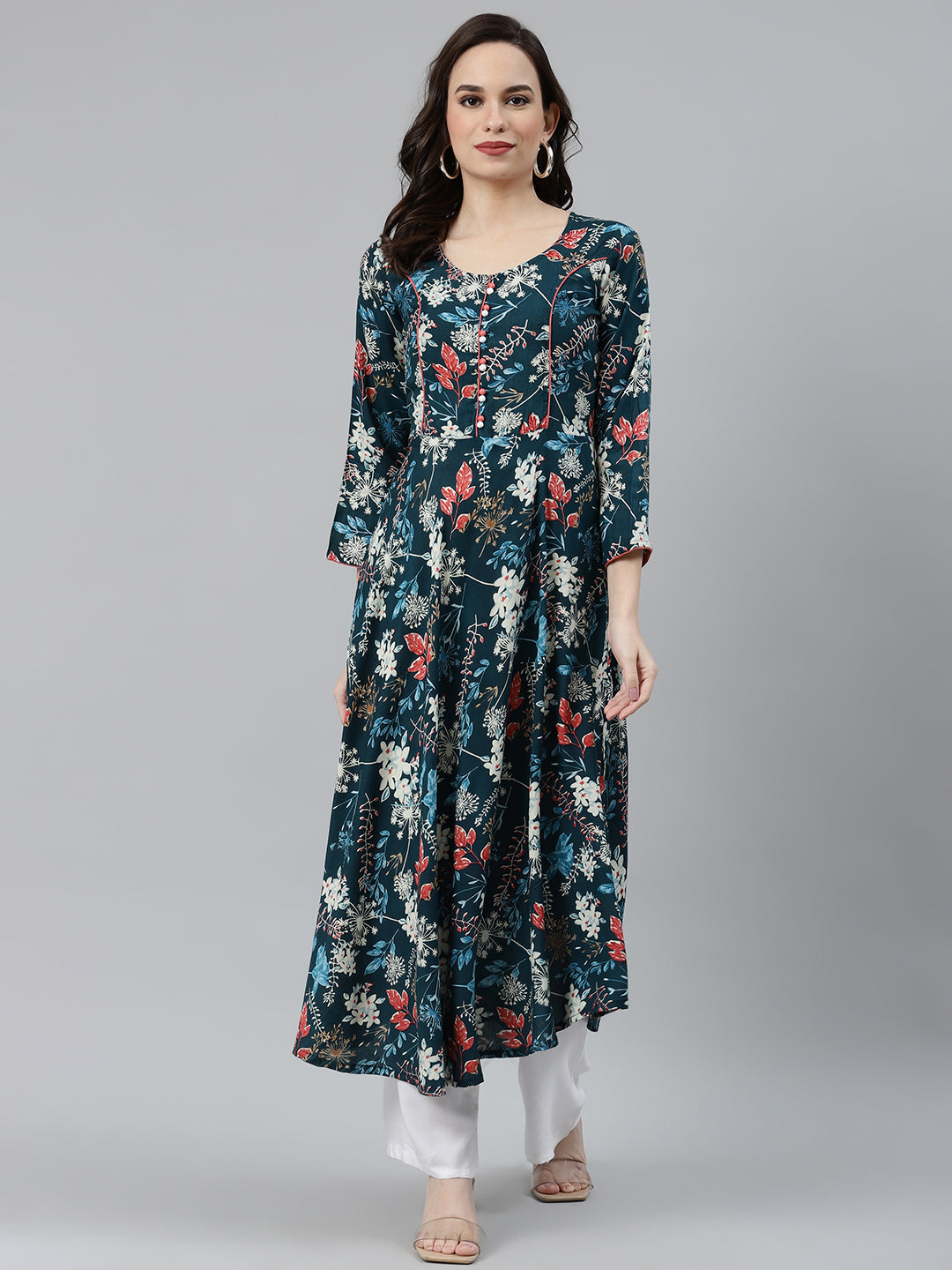 Jompers Women Blue & Pink Floral Printed Floral Anarkali Kurta