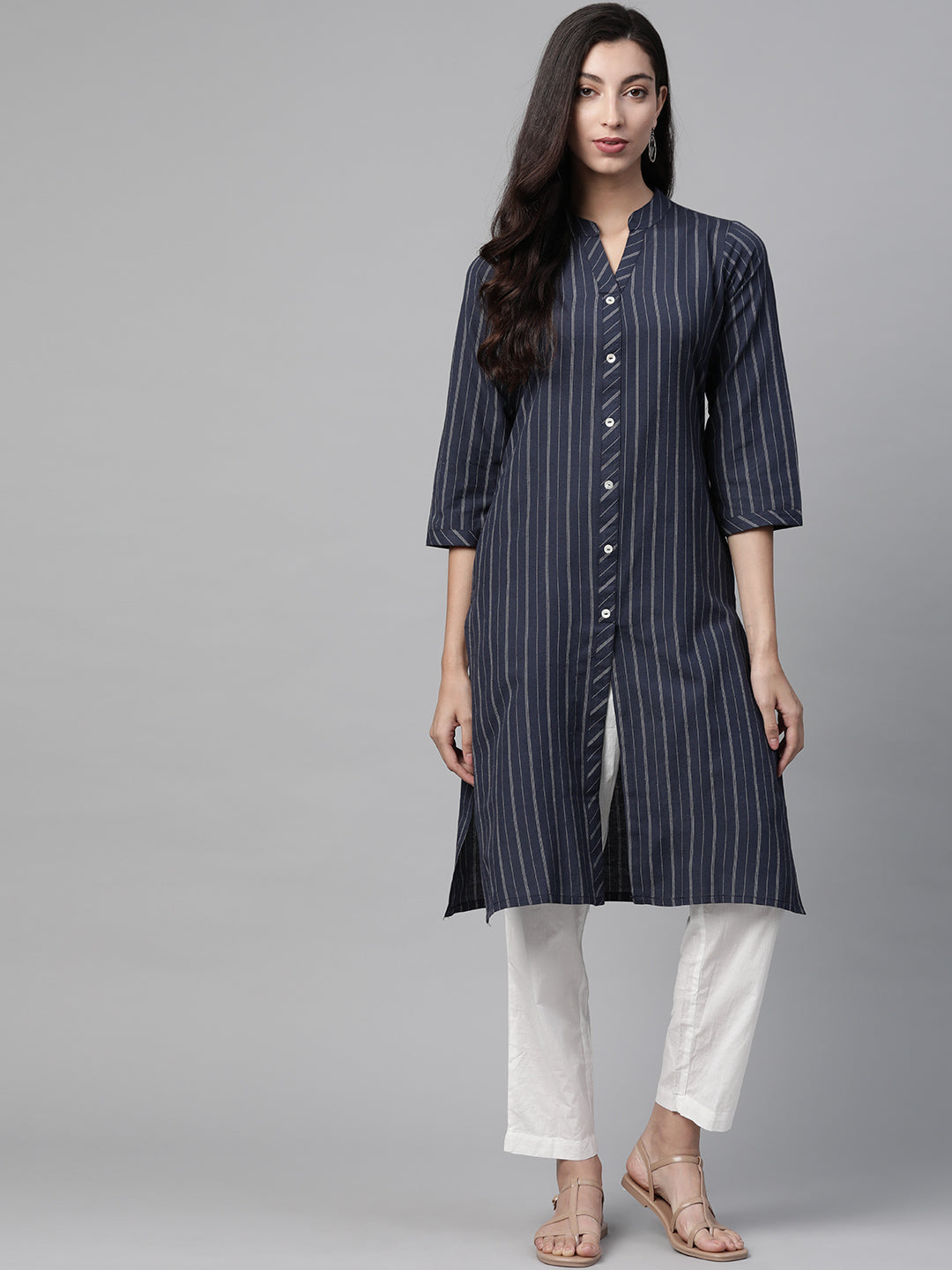 Jompers Women Navy Blue & White Striped Indigo Fusion Kurta