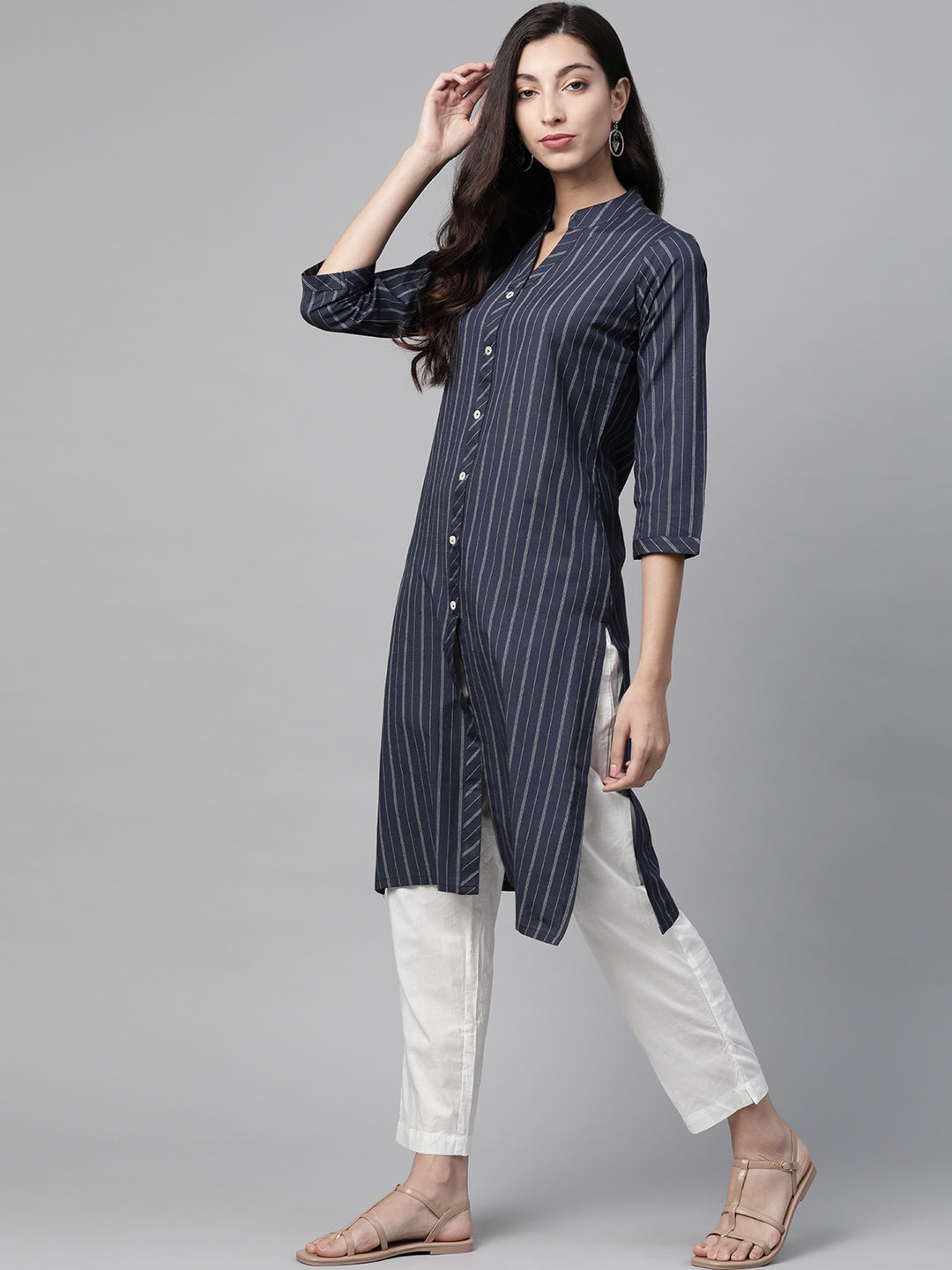 Jompers Women Navy Blue & White Striped Indigo Fusion Kurta