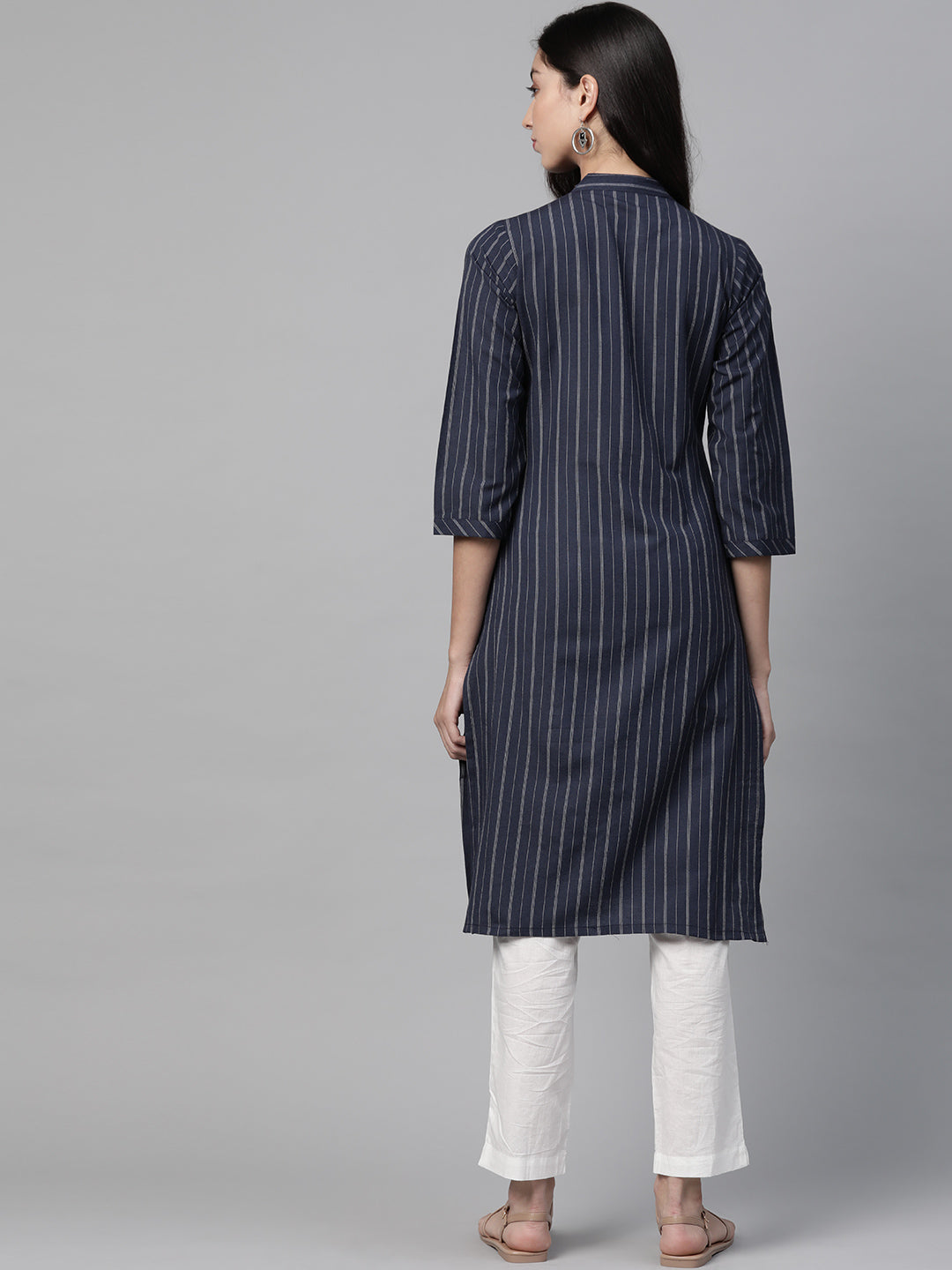 Jompers Women Navy Blue & White Striped Indigo Fusion Kurta