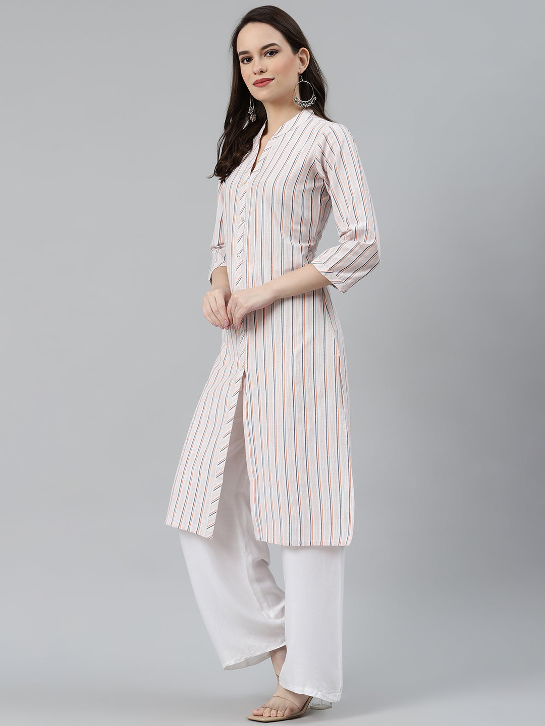 Jompers Women White & Orange Striped Indigo Fusion Kurta