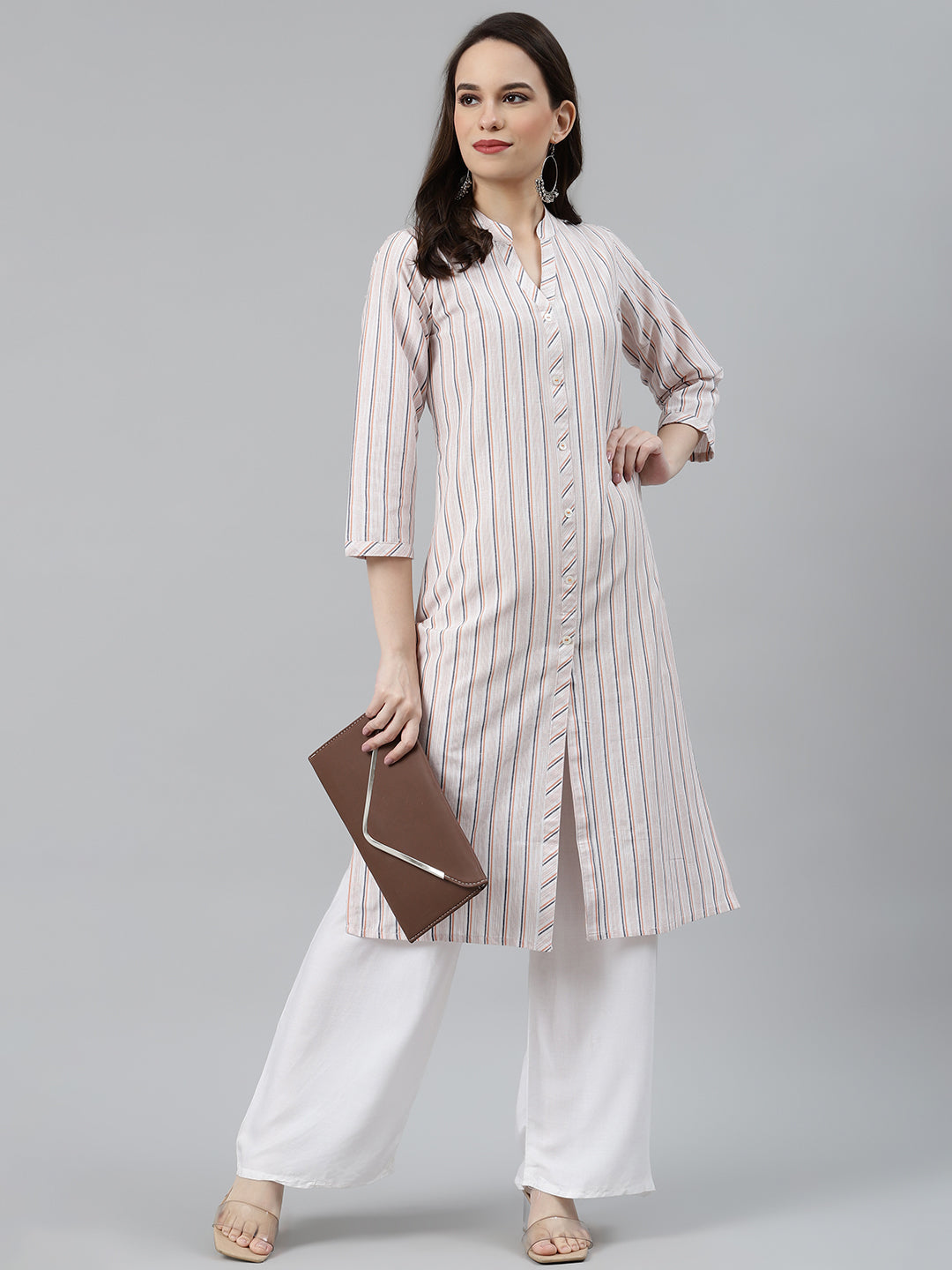 Jompers Women White & Orange Striped Indigo Fusion Kurta