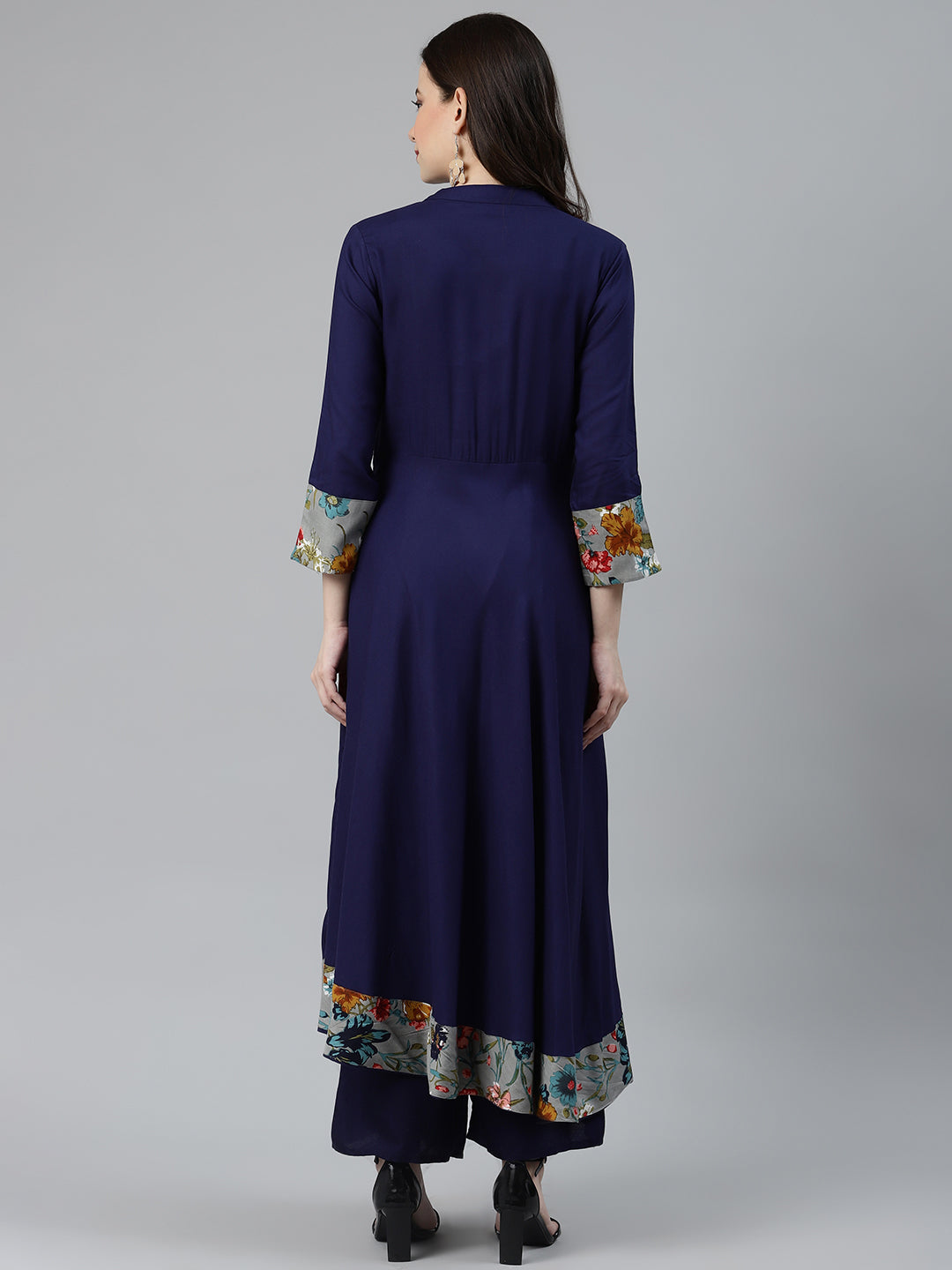 Jompers Women Navy Blue & Grey Floral Printed Yoke Design Anarkali Kurta