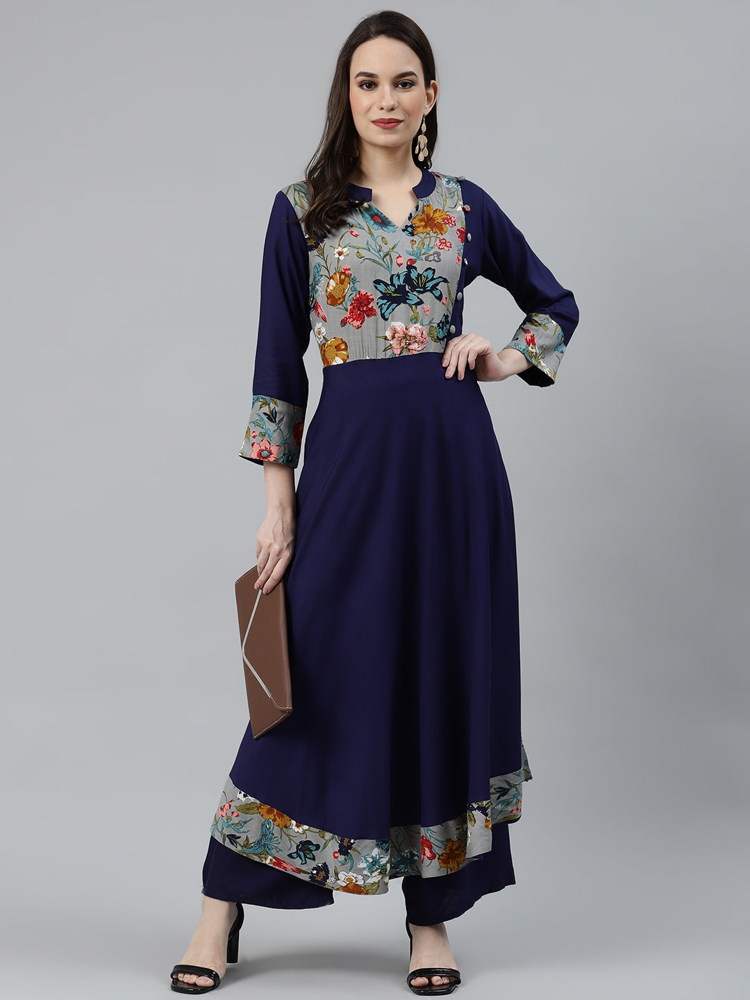 Jompers Women Navy Blue & Grey Floral Printed Yoke Design Anarkali Kurta