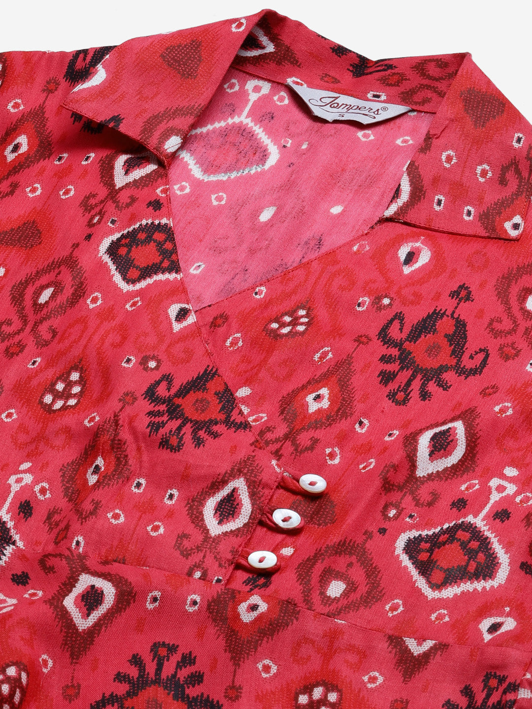 Jompers Women Coral Red & Black Ethnic Motifs Printed Angrakha Anarkali Kurta