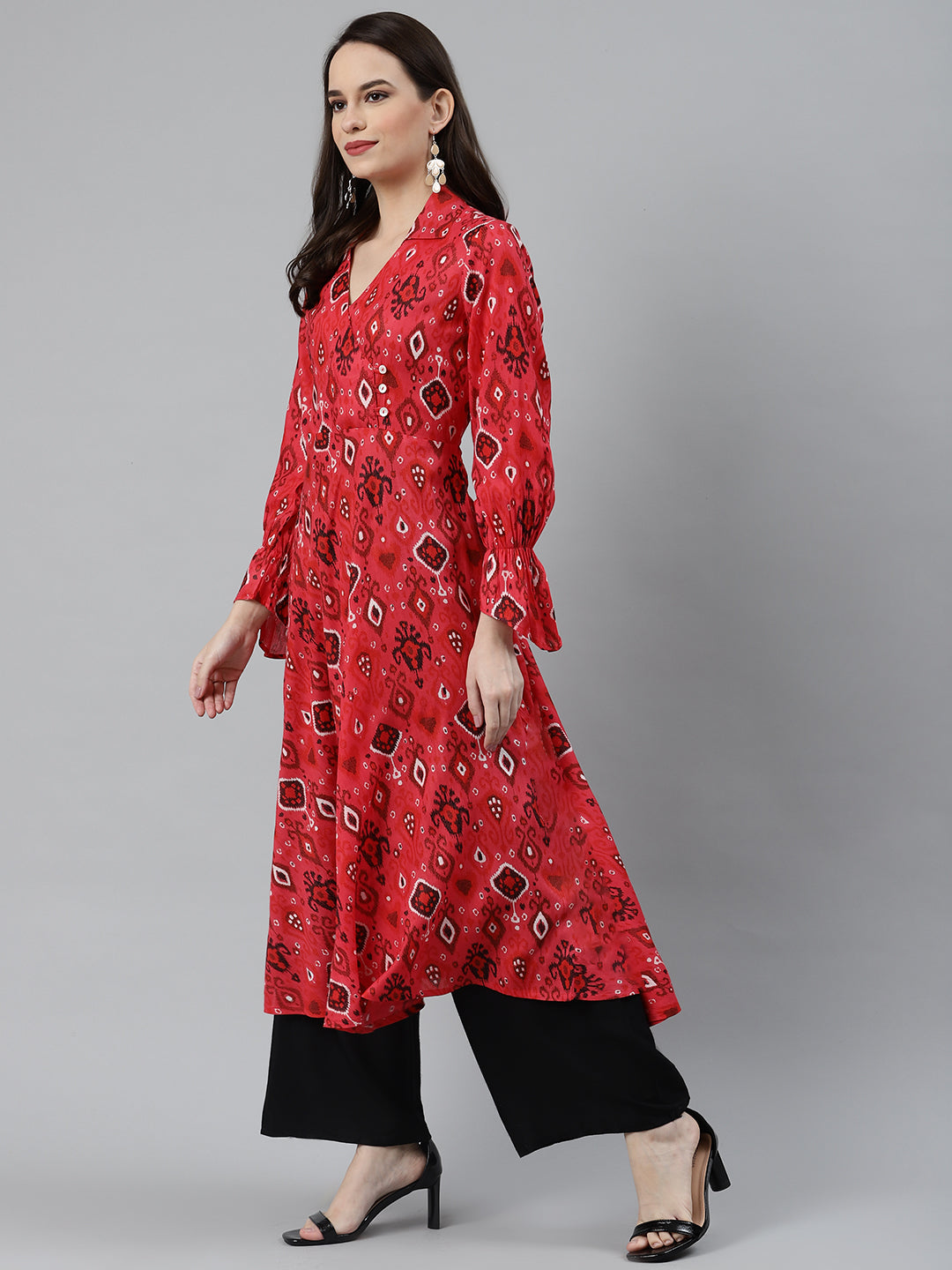 Jompers Women Coral Red & Black Ethnic Motifs Printed Angrakha Anarkali Kurta