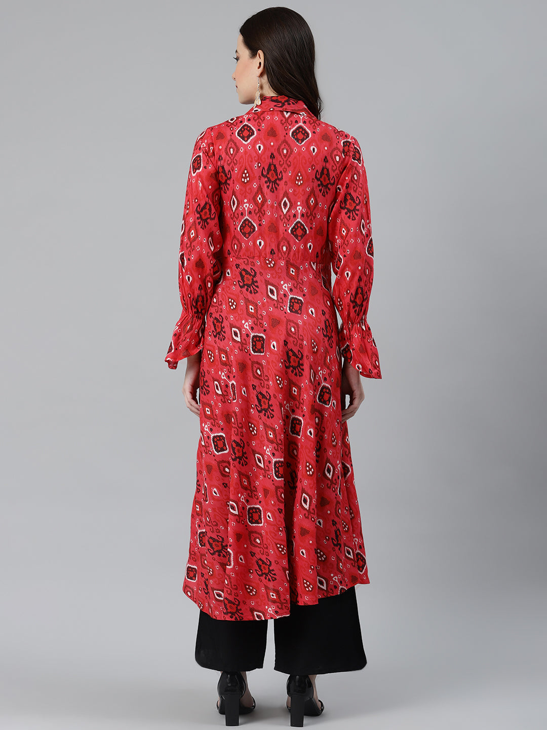 Jompers Women Coral Red & Black Ethnic Motifs Printed Angrakha Anarkali Kurta