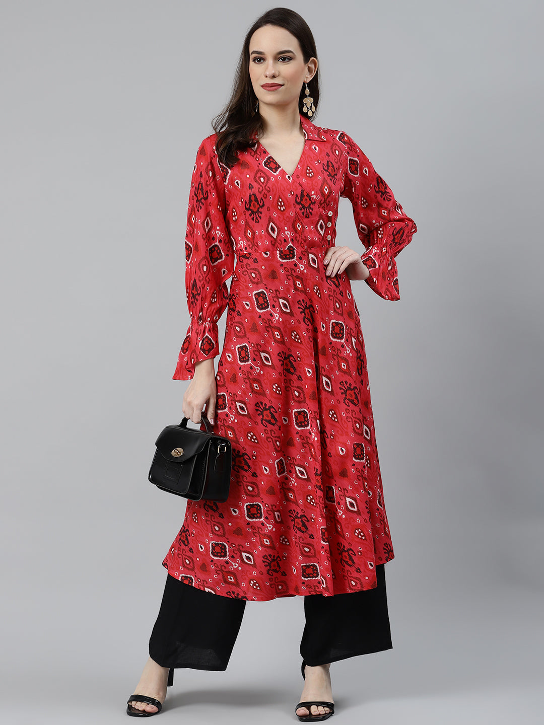 Jompers Women Coral Red & Black Ethnic Motifs Printed Angrakha Anarkali Kurta