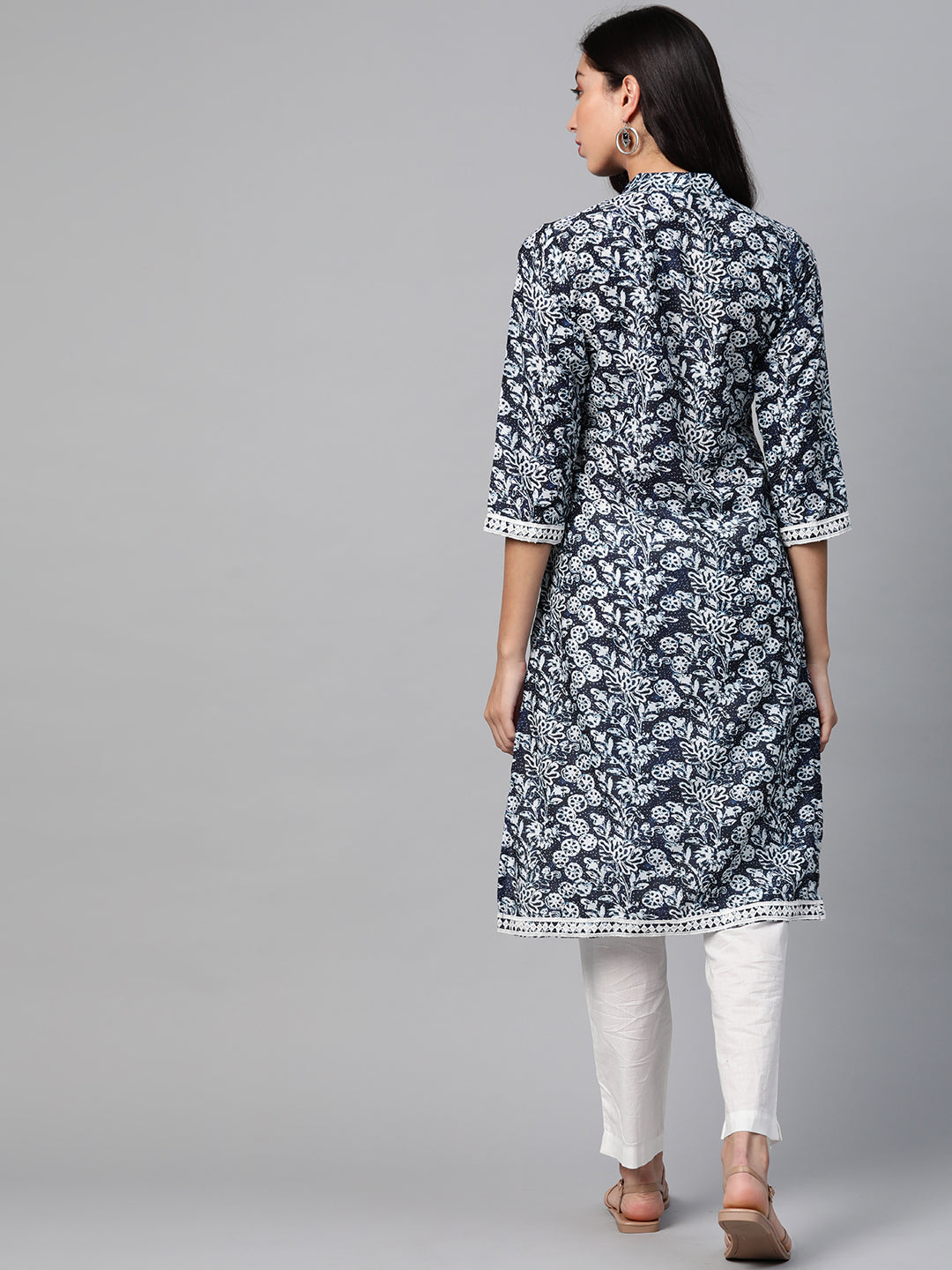 Jompers Women Navy Blue & Off White Ethnic Motifs Printed Kurta