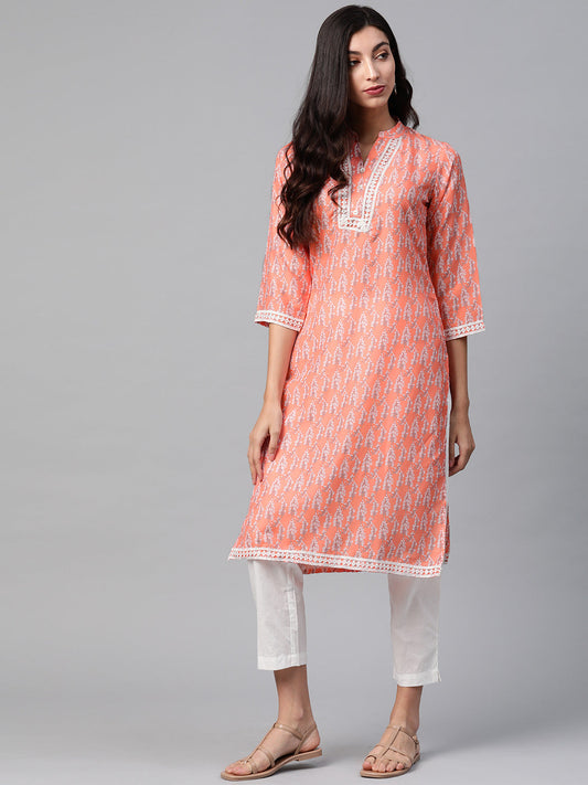 Jompers Women Orange & Off White Ethnic Motifs Printed Kurta