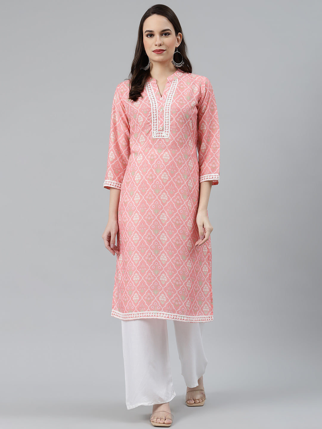 Jompers Women Pink & Off White Floral Printed Kurta