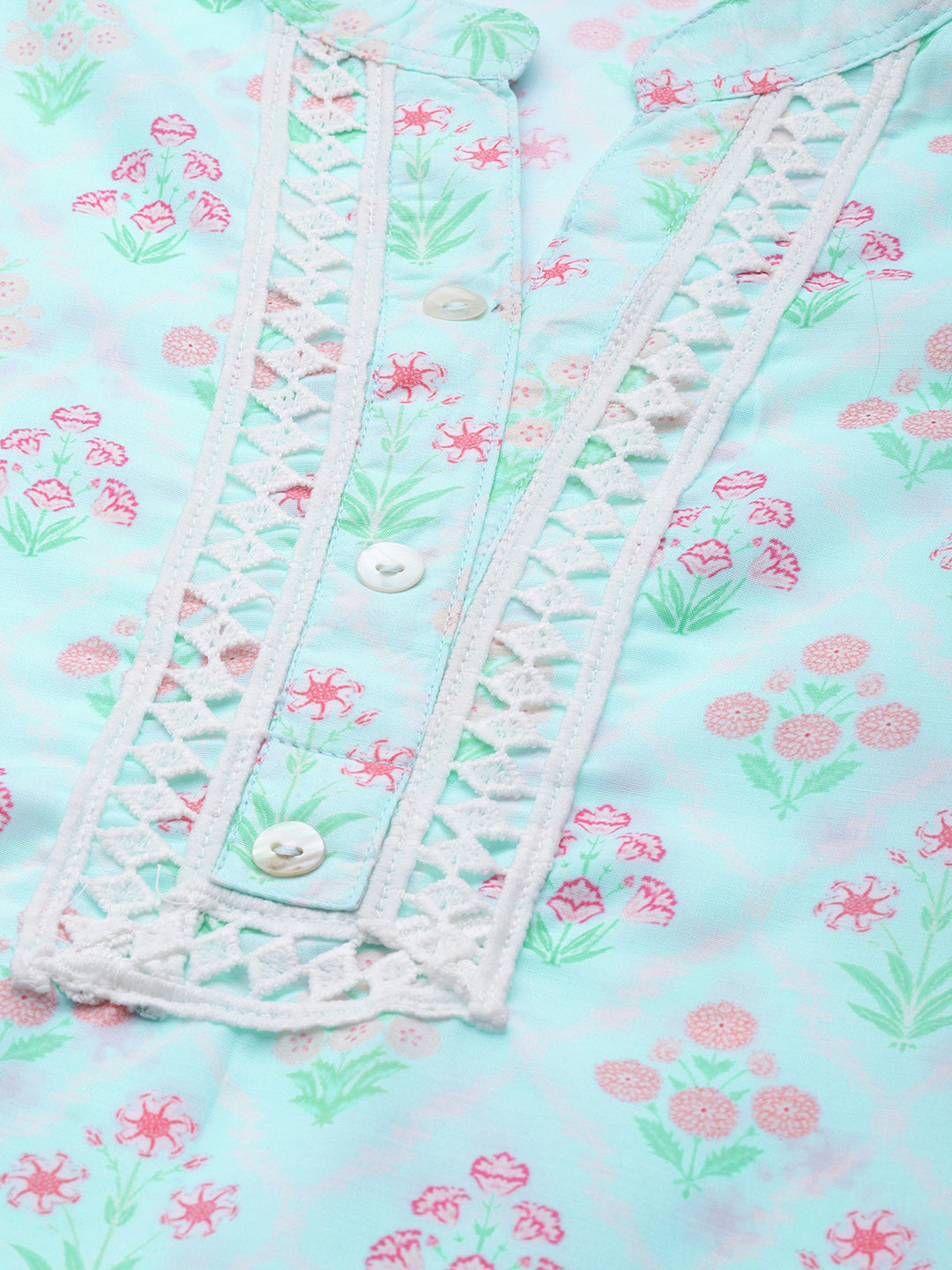 Jompers Women Sky Blue & Off White Floral Printed Kurta